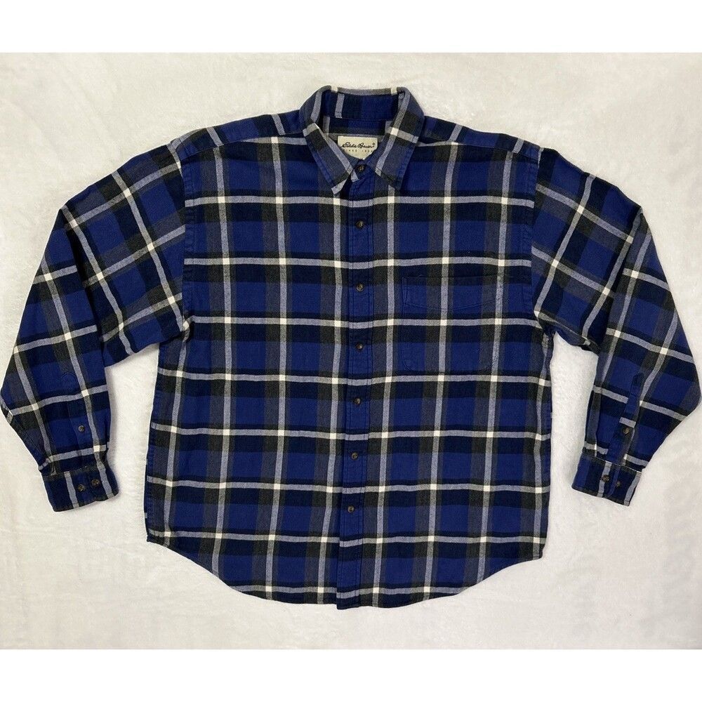 Eddie Bauer Flannel Button Up Shirt Men’s Large Blue Plaid Long Sleeve